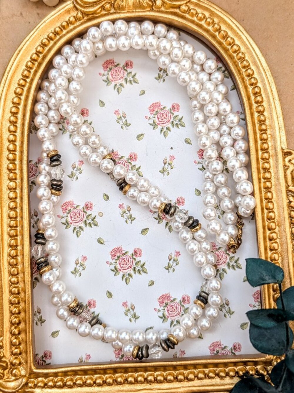 Vintage Double Twisted Strand Beaded Necklace with Faux Pearls, Stamped Korea